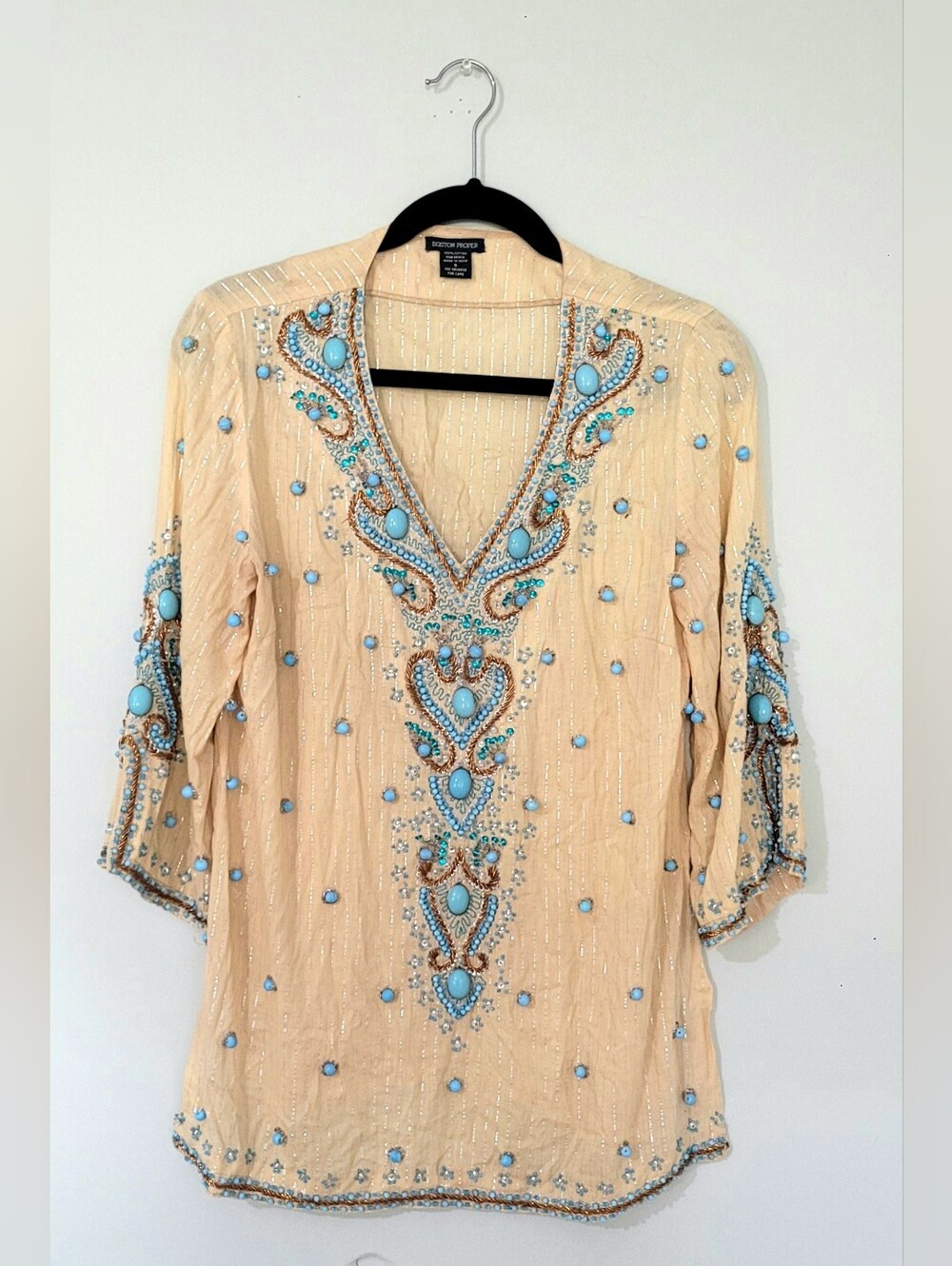 Boston Proper Turquoise Beaded Sequin Boho Tunic Blouse Size S